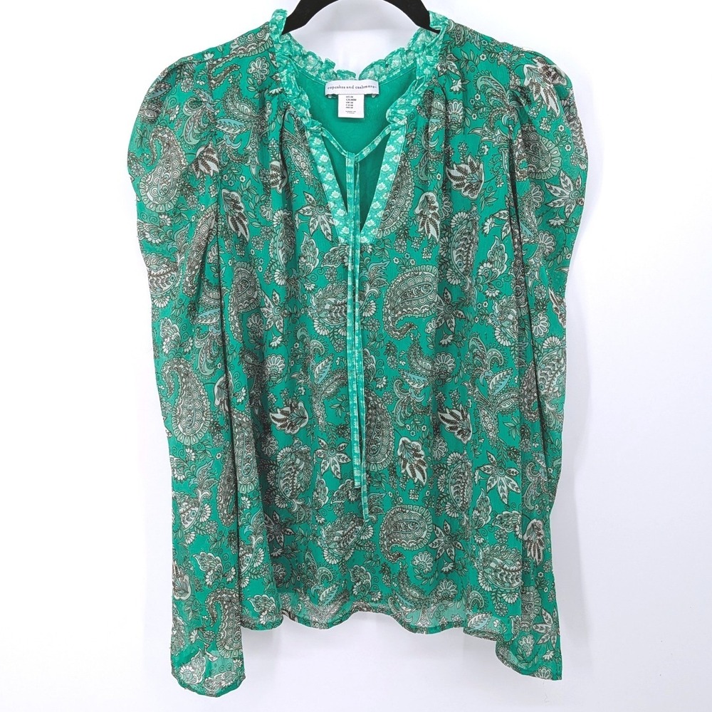 Cupcakes and Cashmere Blouse Women Medium Green Paisley Puff Sleeve Top Romantic